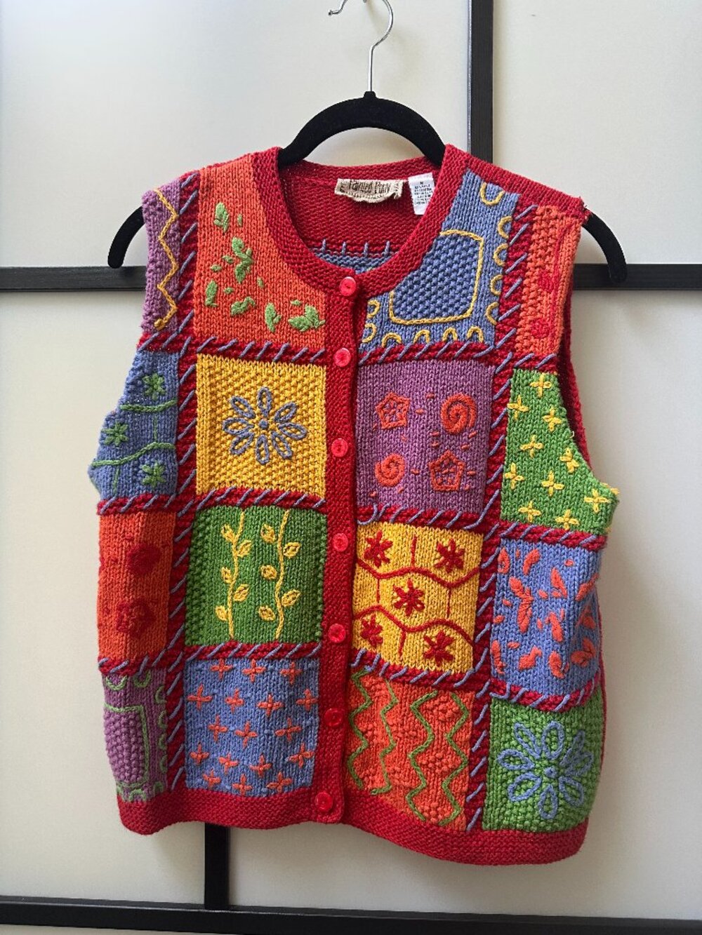 Vintage 90s Painted Pony Whimsy Rainbow Patchwork Floral Sweater Vest - Small